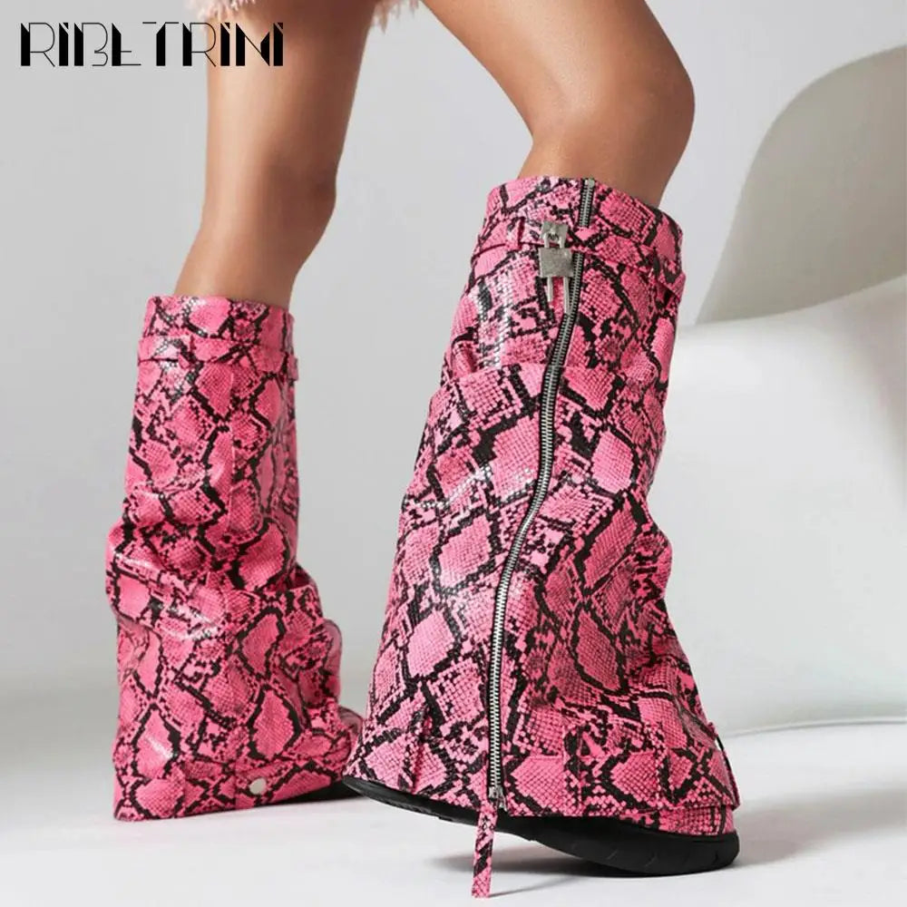 Platform Women Fold Over Mid Calf Padlock Metal Platform Shoes