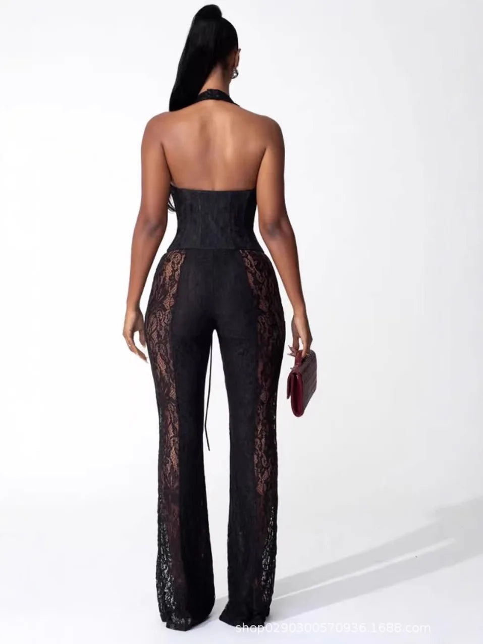 Sexy Lace Tops Two Piece Pant Set 2025 Women Summer Elegant Luxury Clothes Club Wear Halter Corsets 2 Piece Pant Sets Outfits