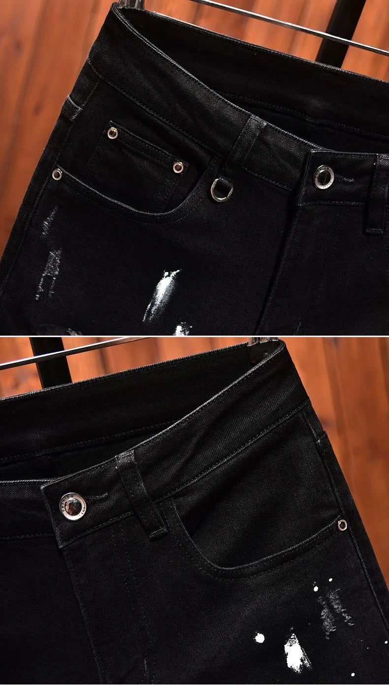 2024 Spring and Autumn New Fashion Trend Retro Ripped Black Stretch Jeans Men's Casual Comfort Straight Leg High Quality Pants