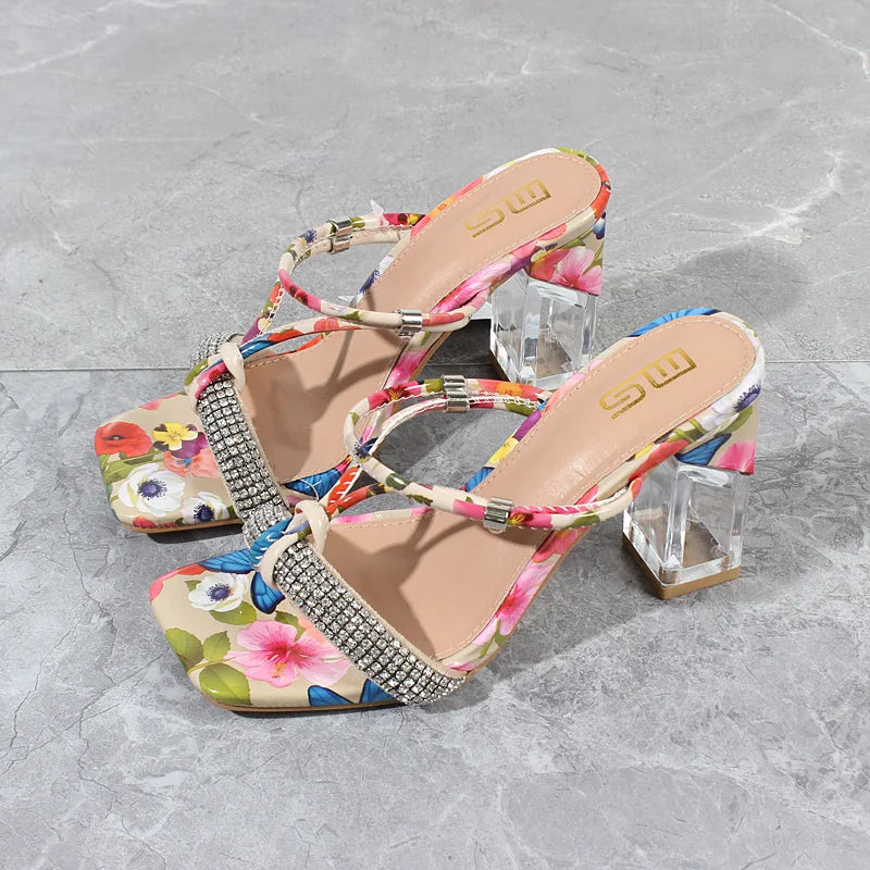 Summer New Crystal Open Toe Mixed Color High Heels Women Sandals