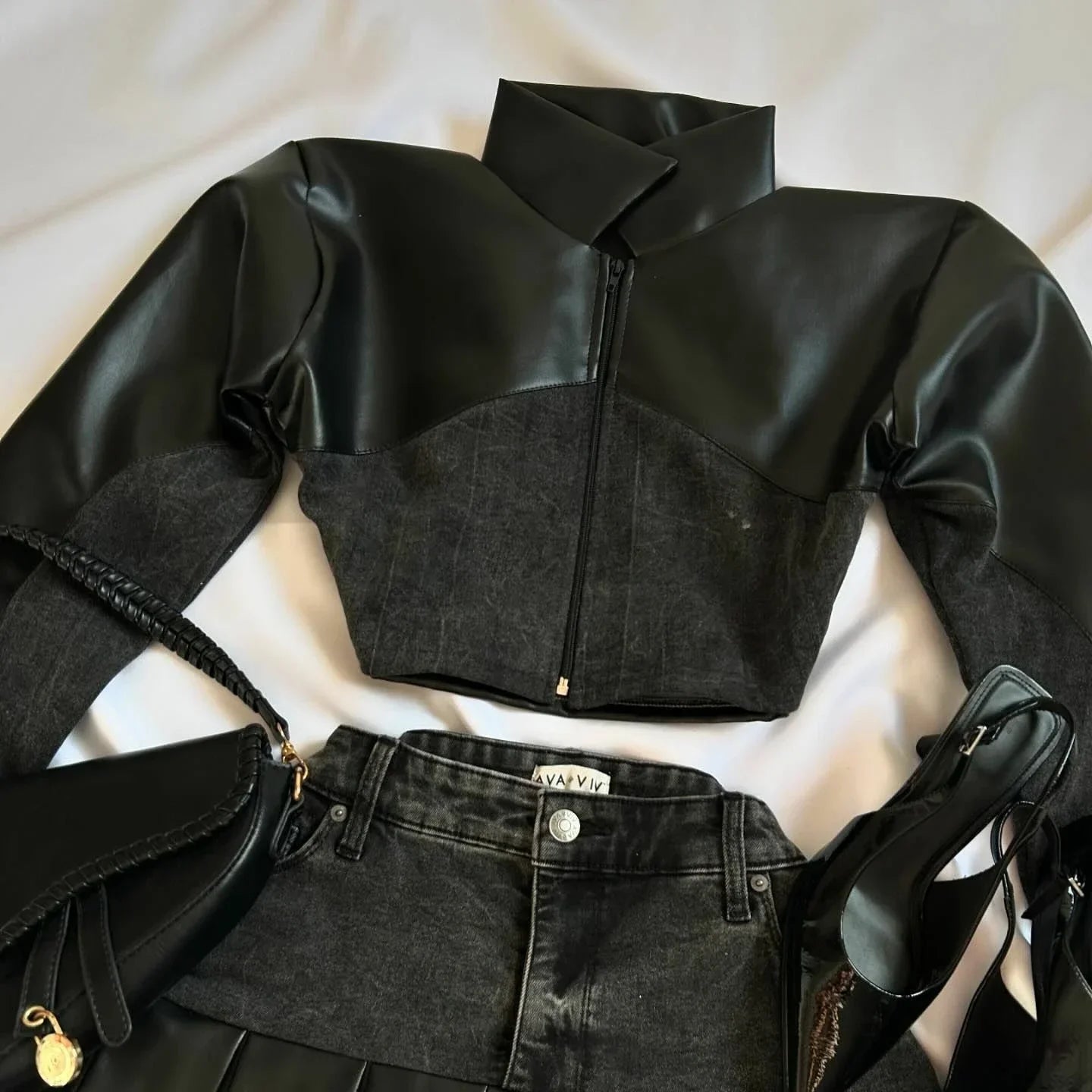 Harajuku New Y2k Two Piece Sets Womens Outifits Pink Leather Denim Splicing Zipper Jacket Skirt Sets Pleated Skirts Streetwear