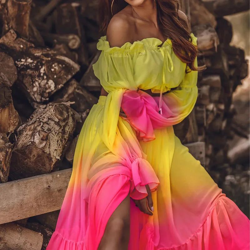 Autumn Chic Sexy Off Shoulder Ruffle Long Skirt Women Suit