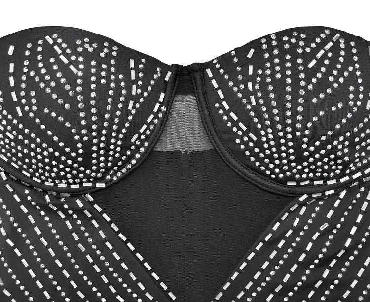 Solid Color Mesh Rhinestone Long Sleeve Backless Night Club Dress