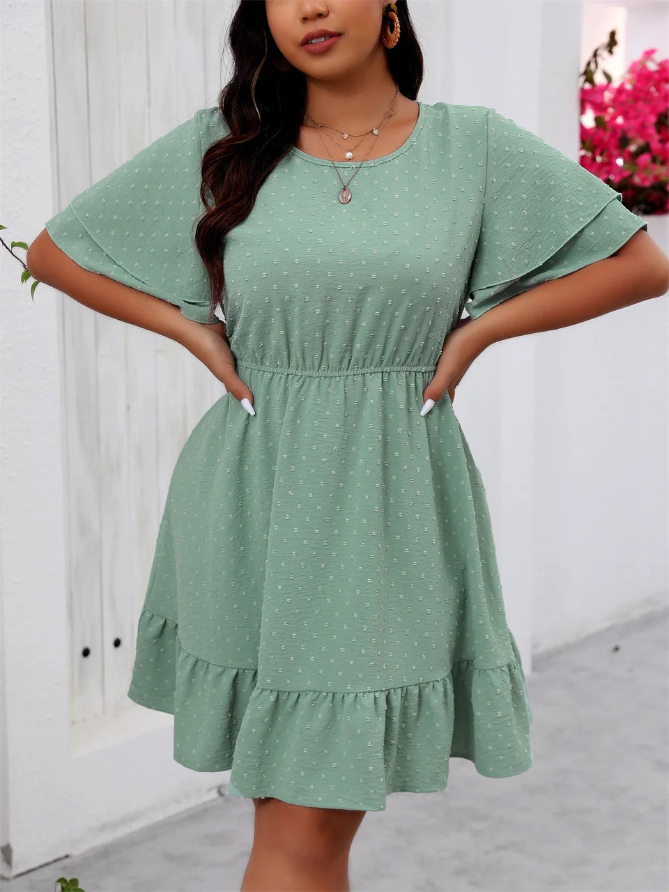 GIBSIE Plus Size Swiss Dot Butterfly Sleeve Dress Women Summer 2025 New Round Neck Elastic Boho A-line Ruffle Hem Short Dresses