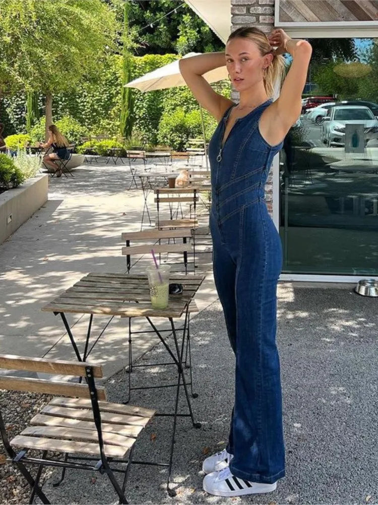 2025 New Women's Spring Summer Sexy Sleeveless Backless High Waisted Micro Flared Denim Jumpsuit