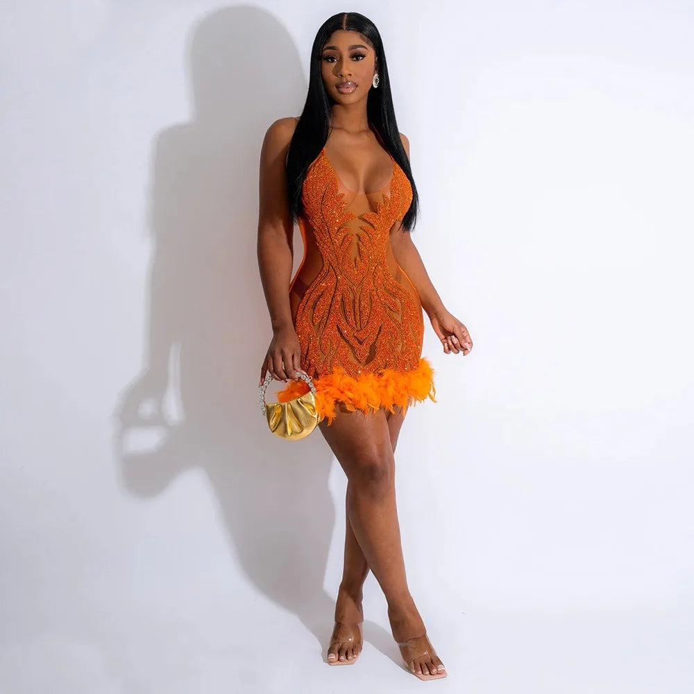 HLJ Fashion Perspective Sequin Halter Lace Up Bodycon Mini Dress Women Backless Sleeveless Feather Splicing Party Club Vestidos