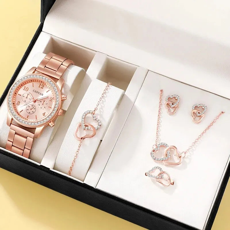 6PCS Luxury Watch Ring Necklace Earring Bracelet Watches Rhinestone Set