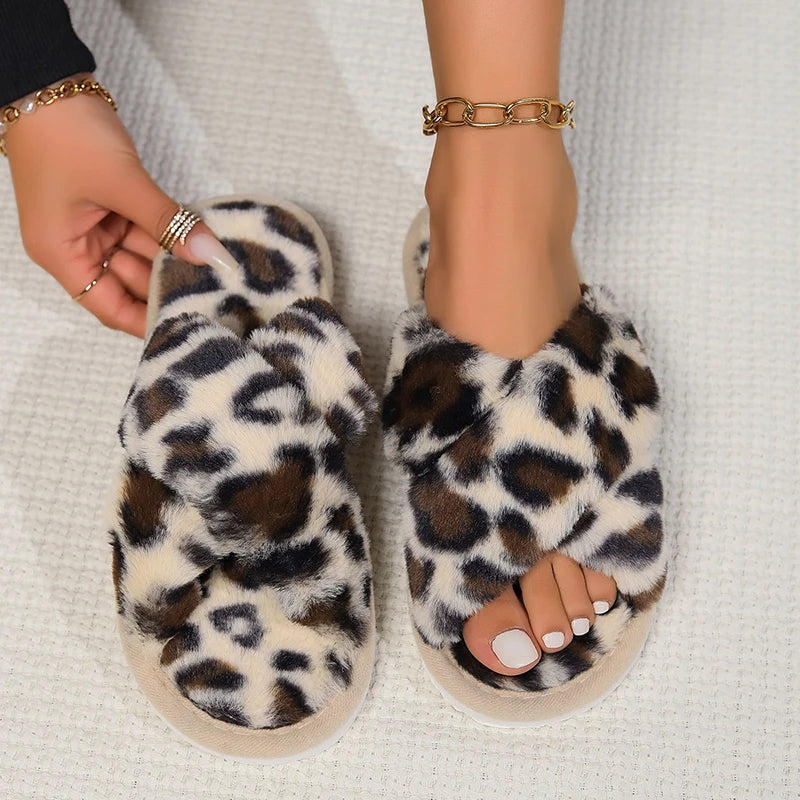 Cross Warm Fluffy Furry Lightweight Slippers For Women