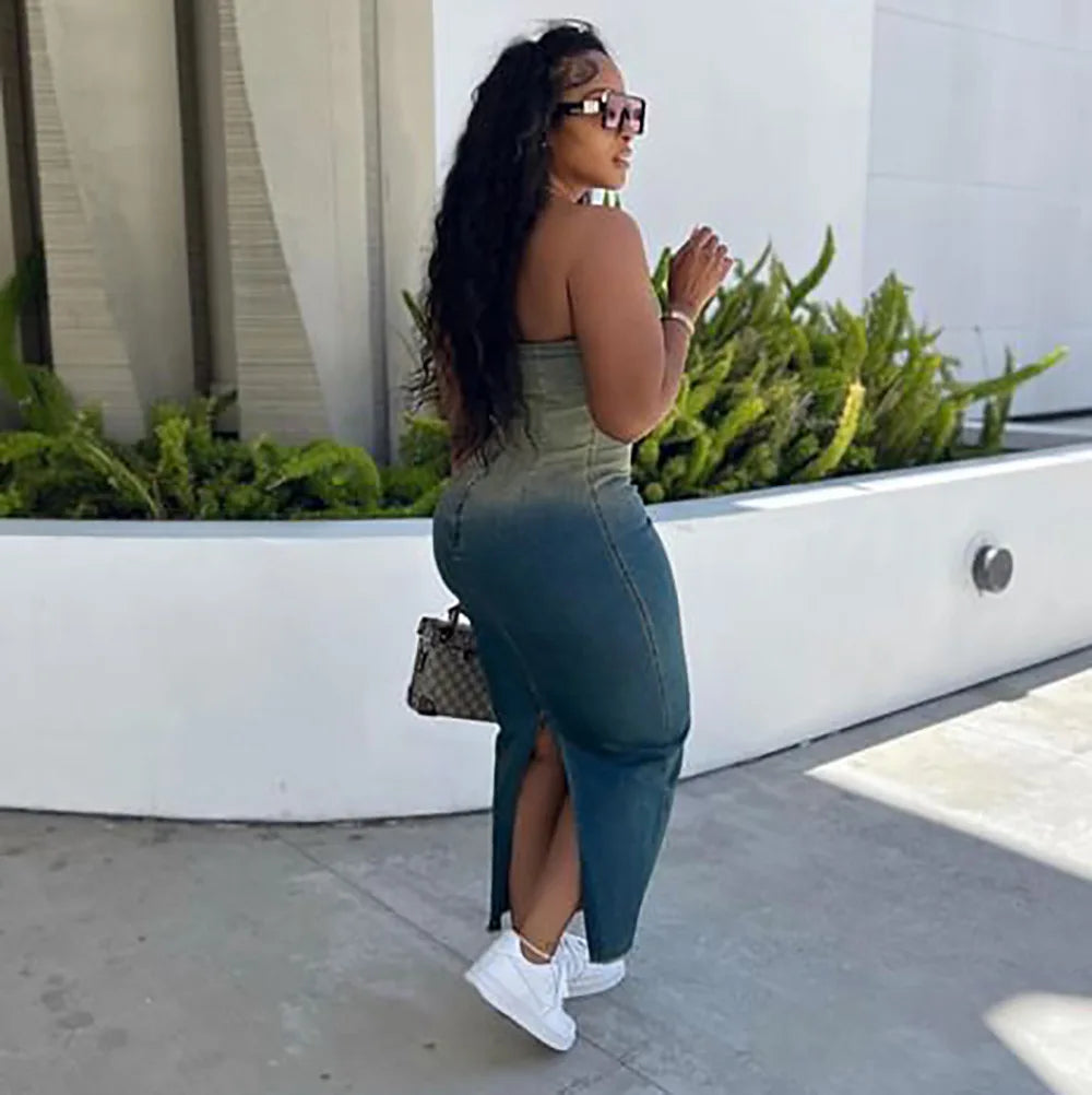 Summer Gradient Women's Denim Dress Fashion Corset Sleeveless Sexy Backless Slim Women's Slit Long Dresses Stretch Jeans Vestido