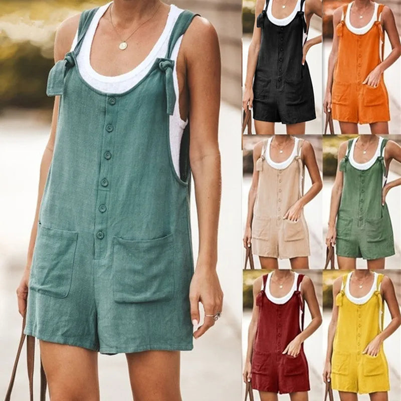 Summer women's solid color patch pocket tied cotton and linen suspender pants