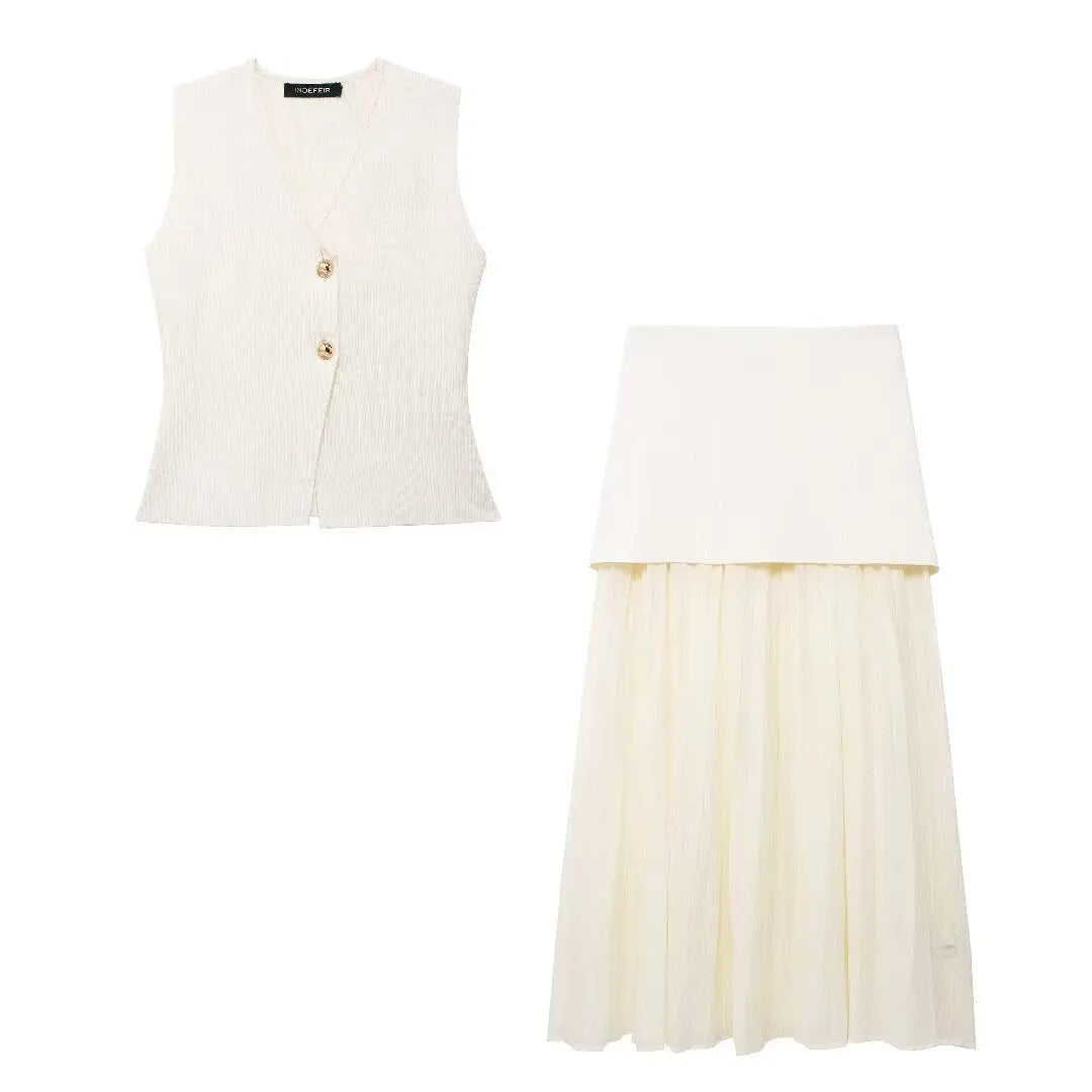 Women 2 Piece Set Knitted Vest High Waist Skirt