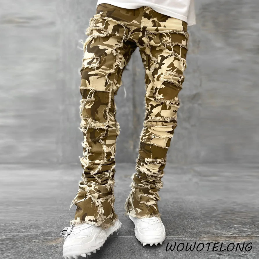 2024 New Premium Vintage Blue Stacked Jeans For Men Stretchy Raw Frayed Denim Destroyed Washed Patchworks Pants