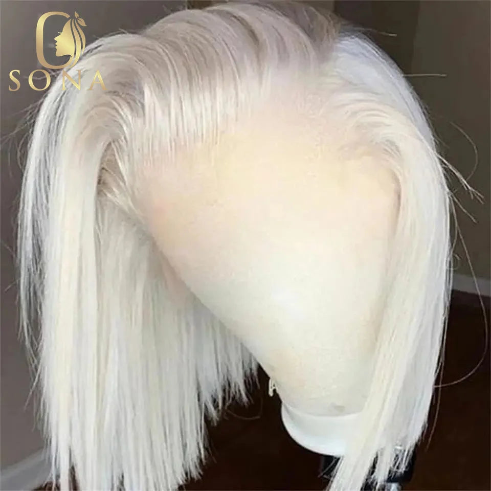 13x6 Colored Dark Root White Platinum Ash Blonde Straight Bob Lace Frontal Wig Human Hair Pre Plucked Brazilian Remy Front Wig