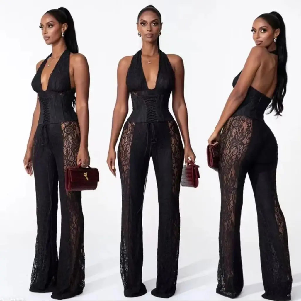 Sexy Lace Tops Two Piece Pant Set 2025 Women Summer Elegant Luxury Clothes Club Wear Halter Corsets 2 Piece Pant Sets Outfits
