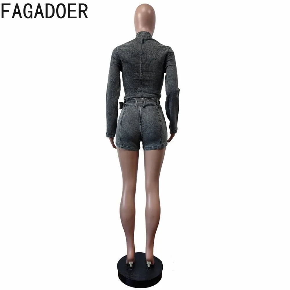 FAGADOER Sexy Denim Two Piece Set for Women Y2k Streetwear Zip Stretchy Long Sleeves Slim Crop Jackets And Shorts Suits 2025 New