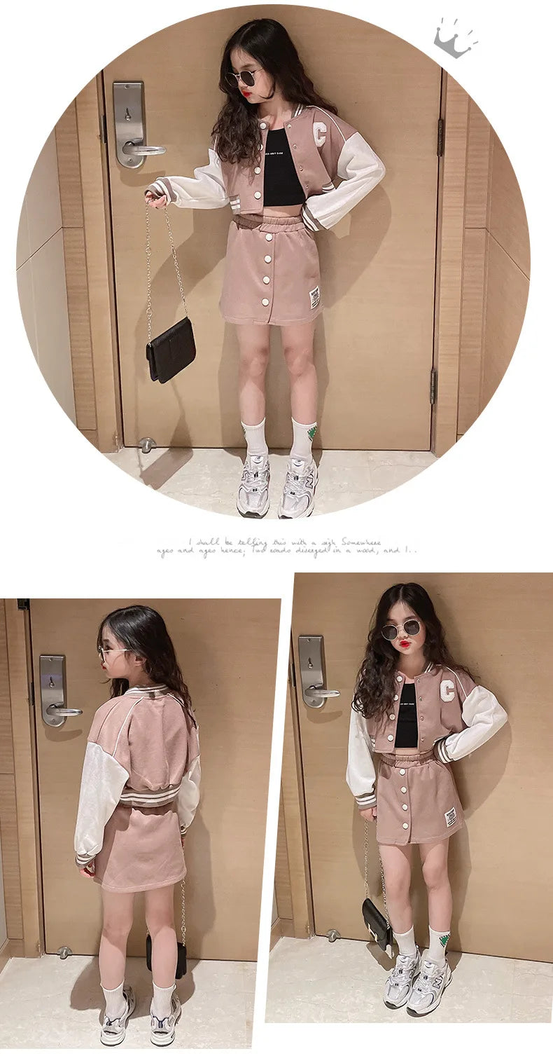 Spring Autumn Teen Girls Clothing Sets Fashion Baseball Coats + Slim Skirt 2Pcs Outfits Kids Tracksuit 5 6 7 8 9 10 11 12 13 Yrs