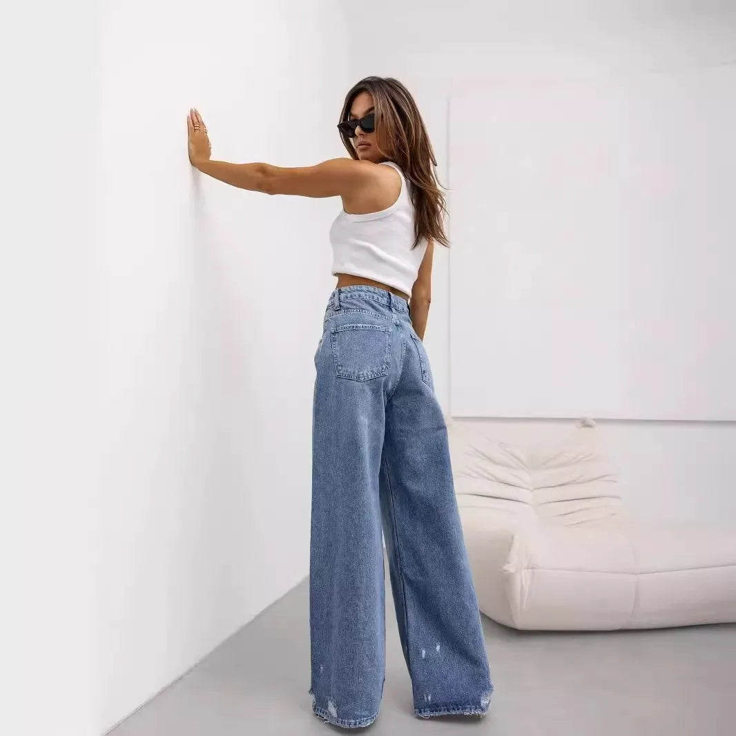 Women Denim Holes Jeans Washing Pencil Pants High Waist Zipper Mom Fly Slim Wide Leg Pockets Full Length Spring 2025 Streetwear
