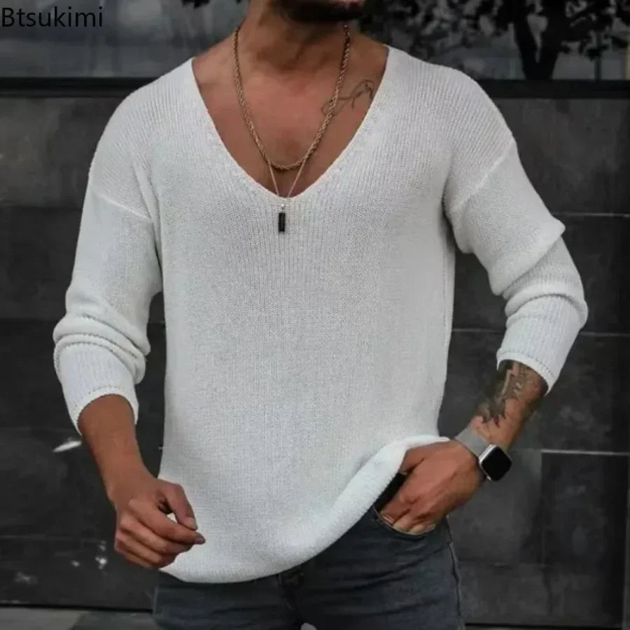 New 2025 Men's Casual Long Sleeve Knitted Sweaters Tops Solid Fashion Pullover Tops For Men Harajuku V-neck Streetwear Jumper