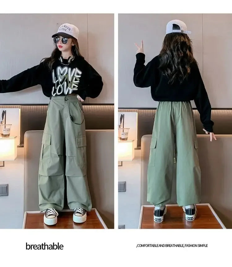 2025 spring autumn Kids tracksuit Children set Girls Clothes loose T-Shirt + wide leg Cargo Pants Teenager 4 5 6 7 10 11 12 year