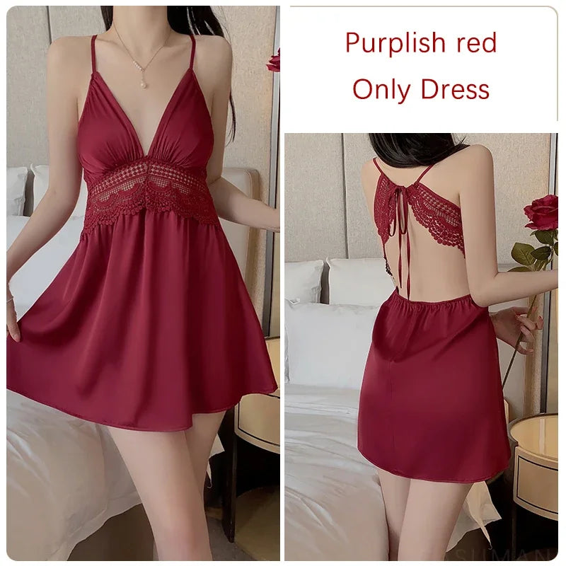 REBEYULI Brand 2025 Vintage Women Nightgown Sets Sexy Lingerie Set Spaghetti Strap Nigh Dress with Bra Cups Women's Nightwear
