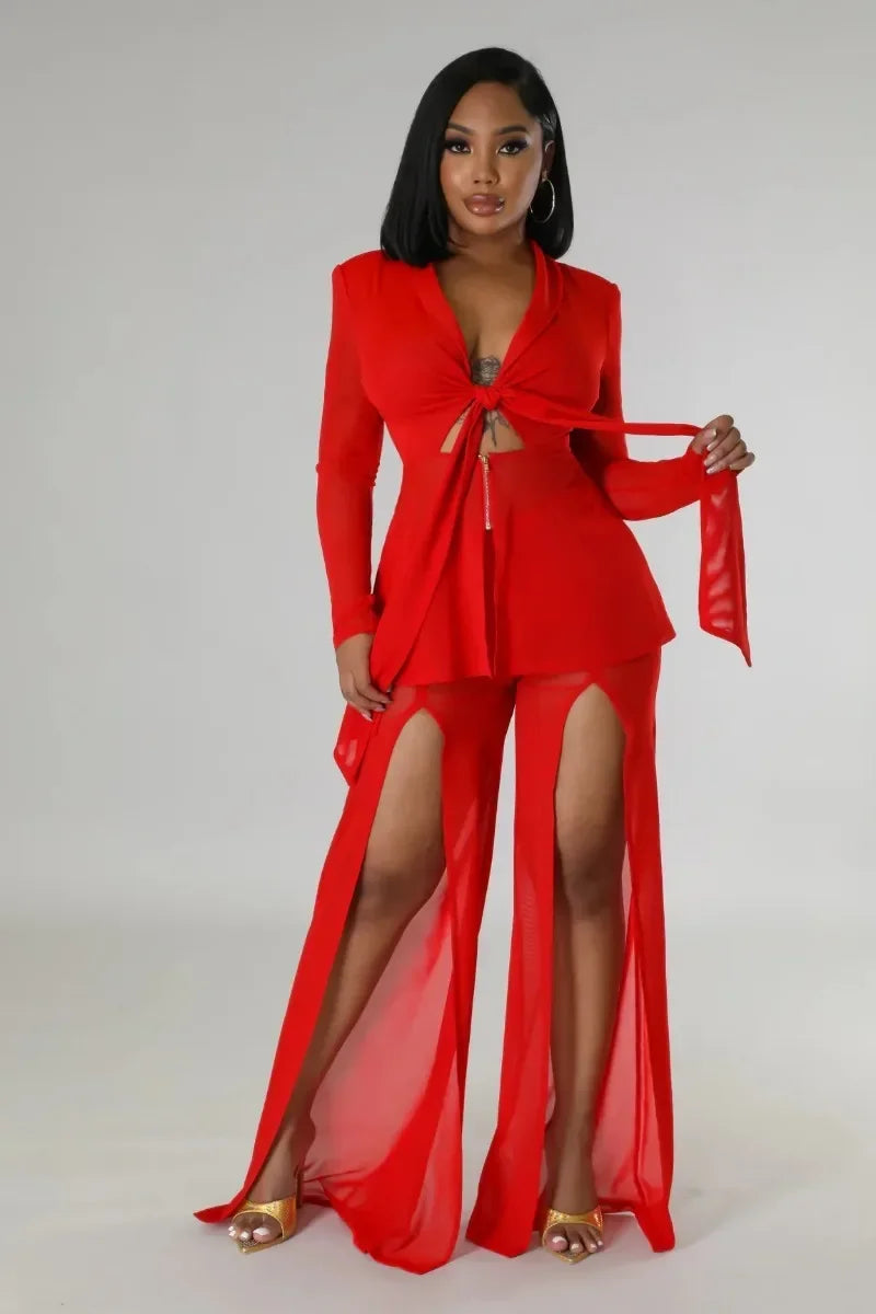 Women Fashion Sexy 2 Piece Set Long Sleeve Lace Up Ribbon Zipper Slim Blazer Tops + Split Wide Leg Pants See Through Mesh Suit