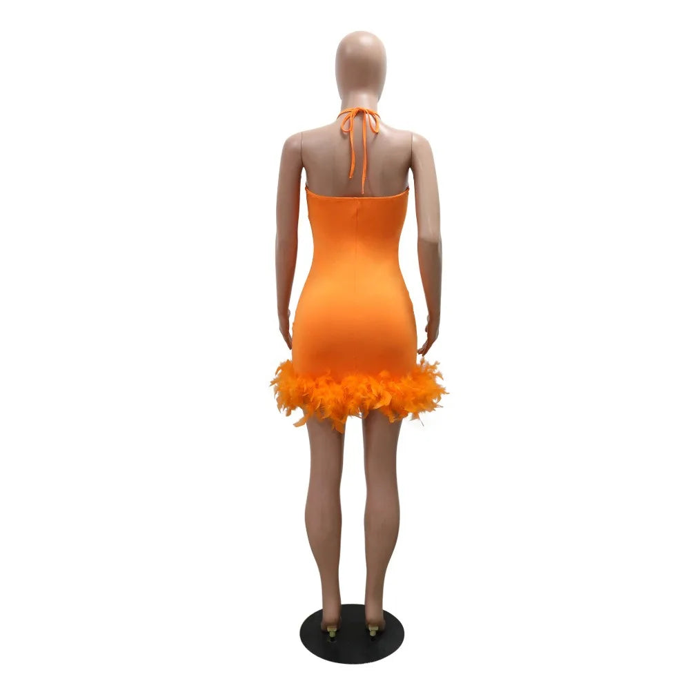 HLJ Fashion Perspective Sequin Halter Lace Up Bodycon Mini Dress Women Backless Sleeveless Feather Splicing Party Club Vestidos