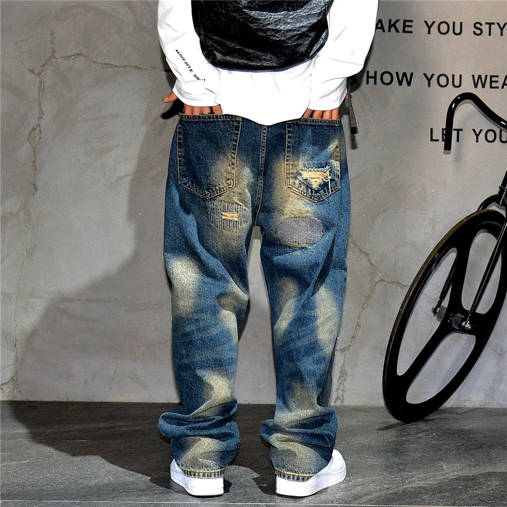 American Streetwear Ripped Patch Jeans Hip Hop Baggy Jeans Mens Clothing Vintage Denim Cargo Pants Japanese Harajuku Trousers
