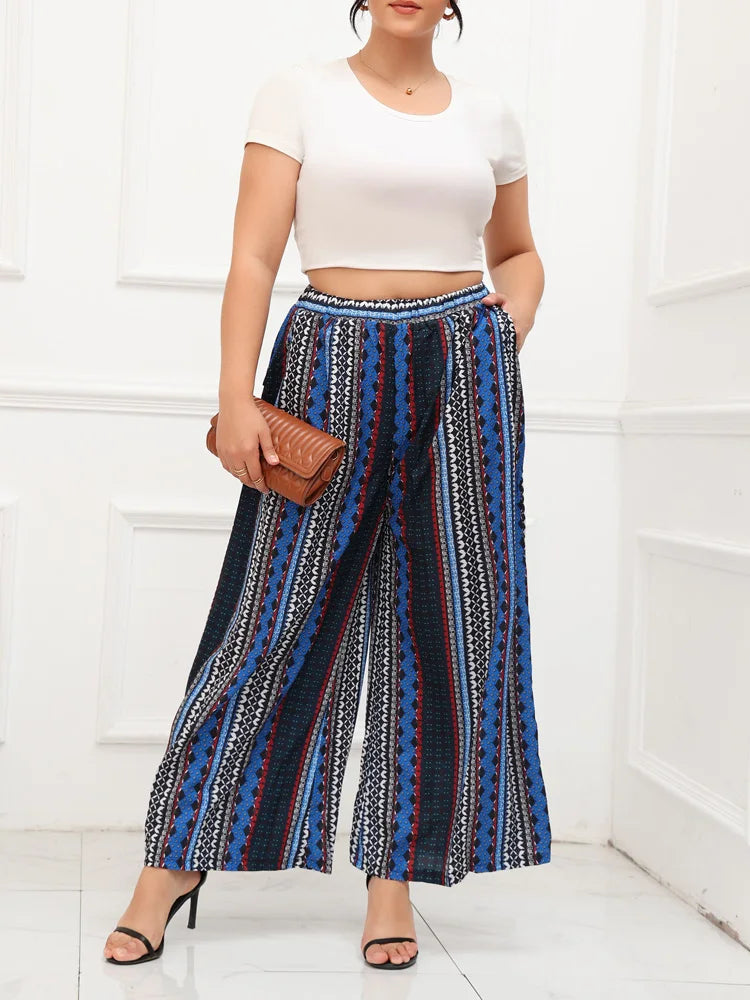 GIBSIE Plus Size Bohemian Printed Women Trousers 2025 Beach Vacation Casual Loose Elastic Waist Wide Leg Pants With Pockets
