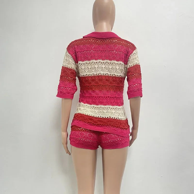 Striped Knitted Two Piece Sets for Women Shorts Summer V-neck Loose Top and Short Set Holiday Outfits Womens 2 Piece Outfit Set