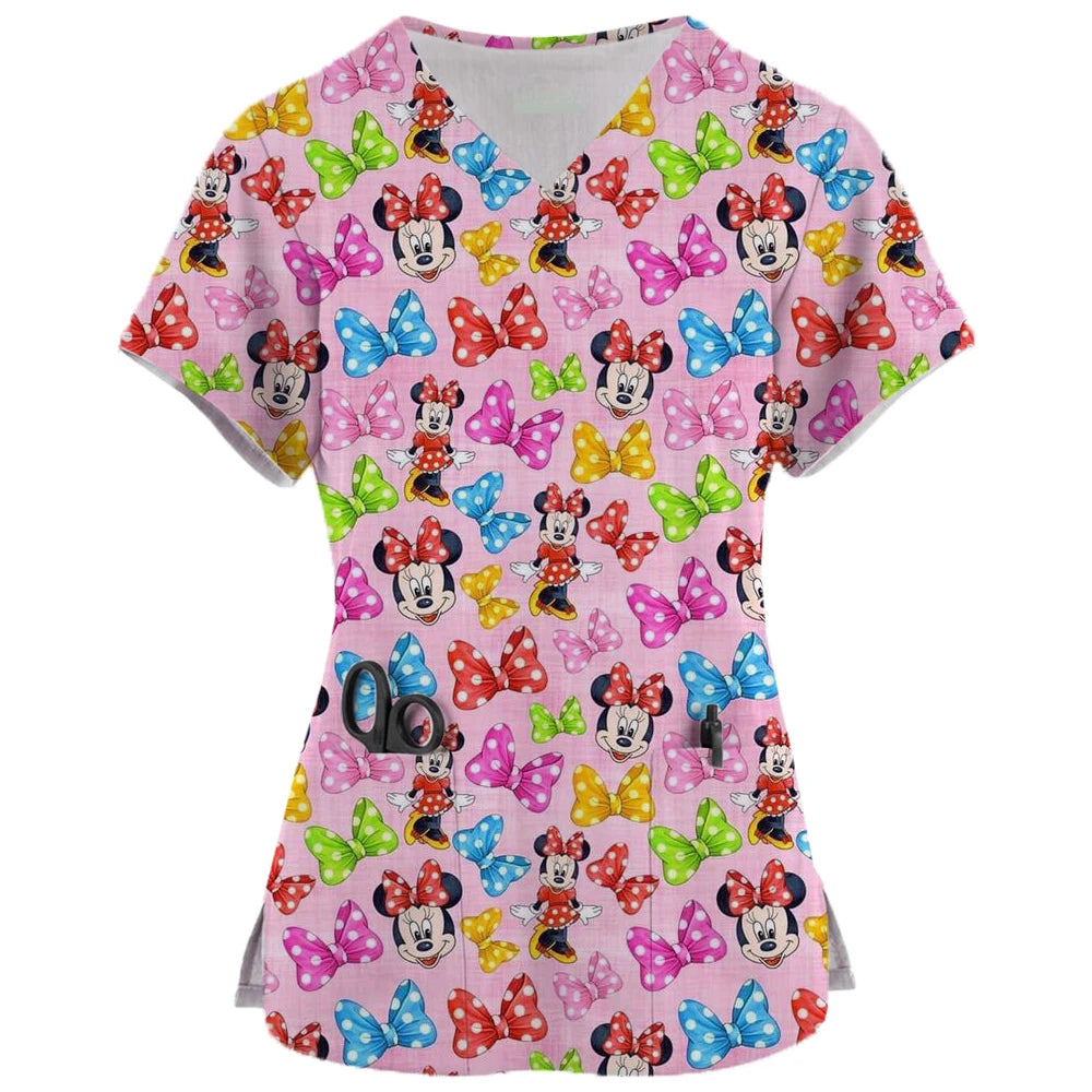 2024 New Minnie Mouse Print Nurse Medical Uniforms V-neck Short Sleeve Pocket Workwear Top Scrubs Medical Accessories Uniform