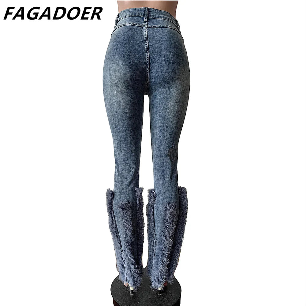 FAGADOER Feathers Patchwork Denim Pants Women Fashion Pearls Holes Tassel High Waist Stretchy Jeans Y2K Streetwear Bottoms New