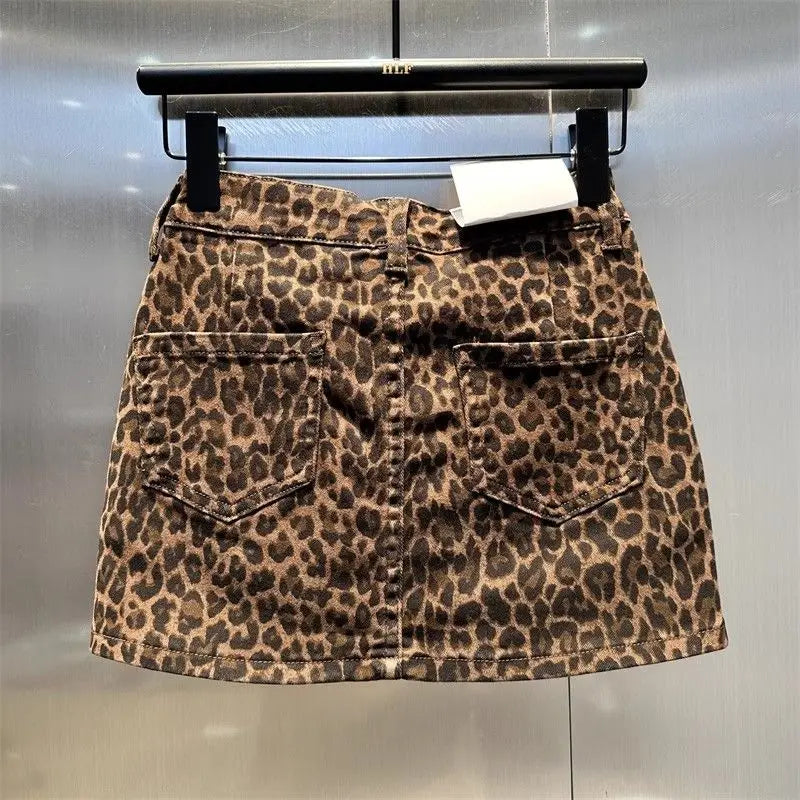 Elastic Brown Leopard Print Denim Hip Skirt