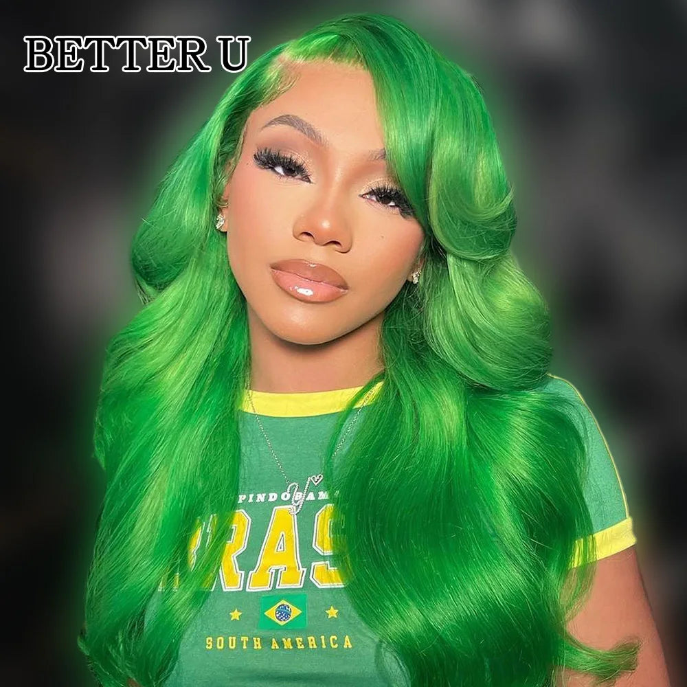 Green Color 13x4 HD Transparent Lace Front Human Hair Wigs Body Wave 613 Colored Green Wig Lace Frontal Wig for Black Woman