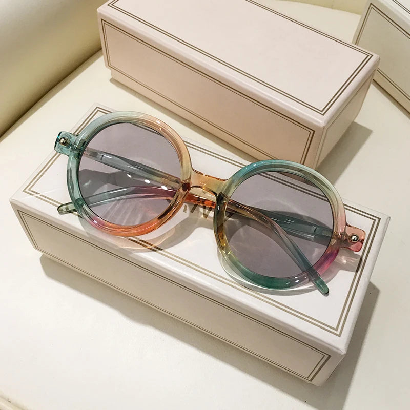 Retro Gray Pink Lens Round Sunglasses Women 2025 Brand Trendy Shiny Circle Frame Men Spectacle Plain Eyewear Shades Sun Glasses
