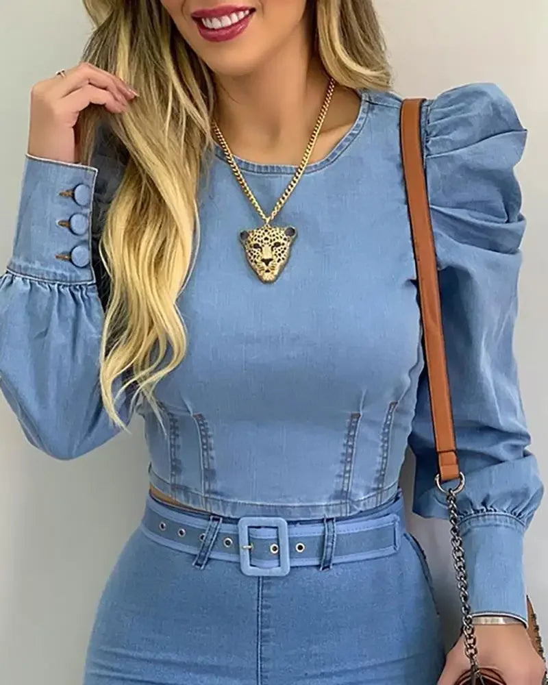 Denim Blue Women blouse Round Neck Puff Sleeve Corset Top Long Sleeve Shirt Sexy Tops Blouses Denim Top Shirt Sweetheart Slim