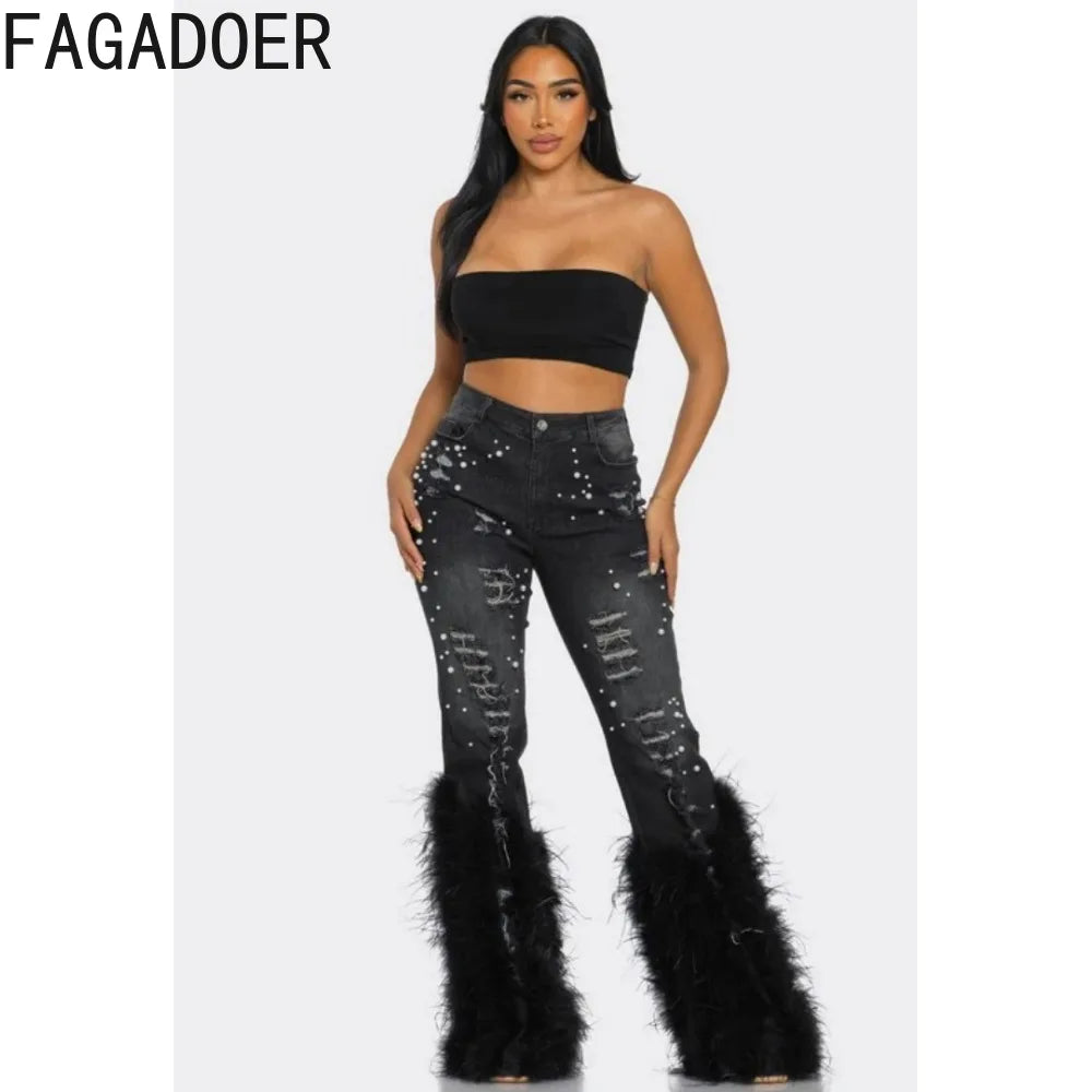 FAGADOER Feathers Patchwork Denim Pants Women Fashion Pearls Holes Tassel High Waist Stretchy Jeans Y2K Streetwear Bottoms New