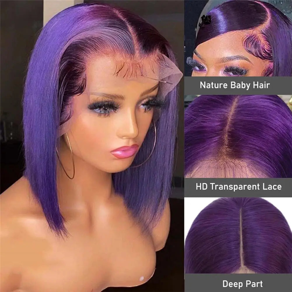 Dark Purple Bob Wig Human Hair 13x4 Hd Lace Front Wigs Human Hair 180% Density Glueless Wigs Short Cut Straight Bob Wigs