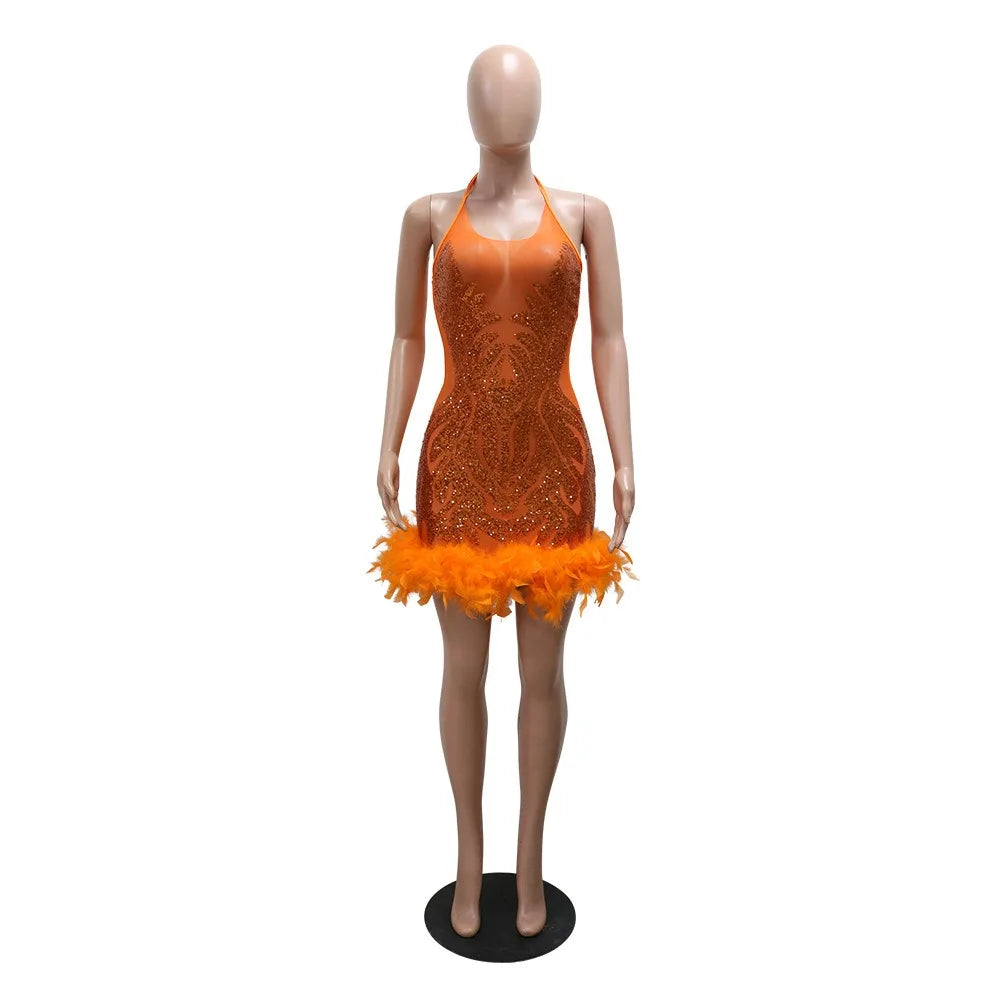 HLJ Fashion Perspective Sequin Halter Lace Up Bodycon Mini Dress Women Backless Sleeveless Feather Splicing Party Club Vestidos
