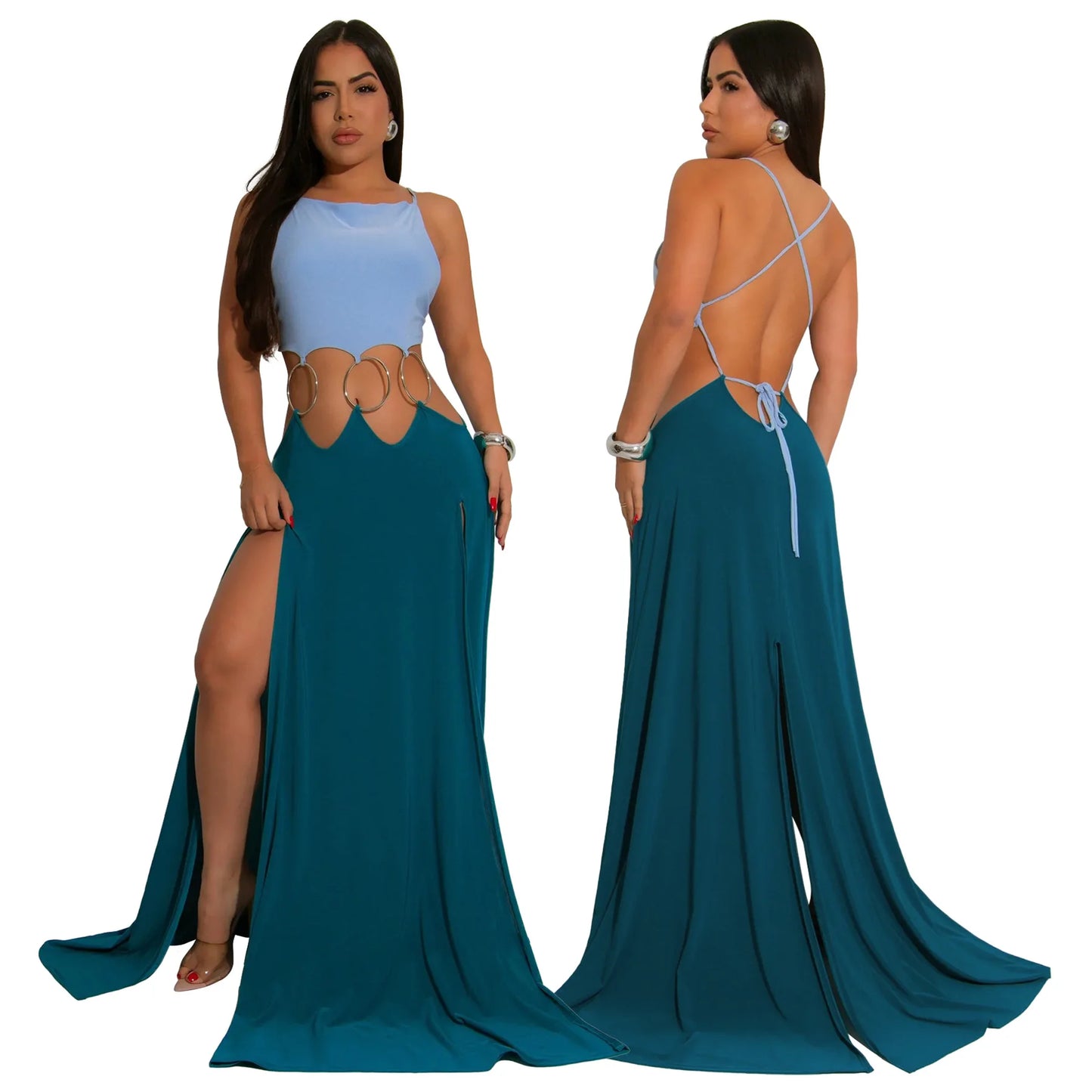 CM.YAYA Women Strap Backless Big Swing Split Maxi Long Dress 2025 Hollow Out Birthday Sexy Club Party Evening Dresses Vestidos