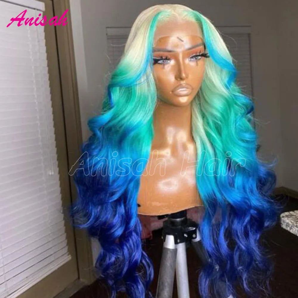 Glueless Lace Front Wigs Human Hair Ombre Blue Colored Wig for Women 13x4 HD Transparent Lace Frontal Wig PrePlucked