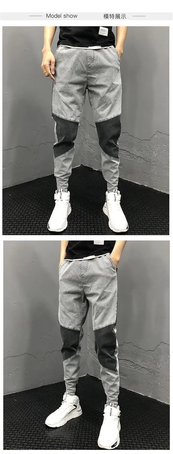 Men's Summer Korean Fashion Vintage Patchwork Stretchy Washed Denim Pants Y2K Casual Streetwear Slim Fit Jeans Pantalones Hombre