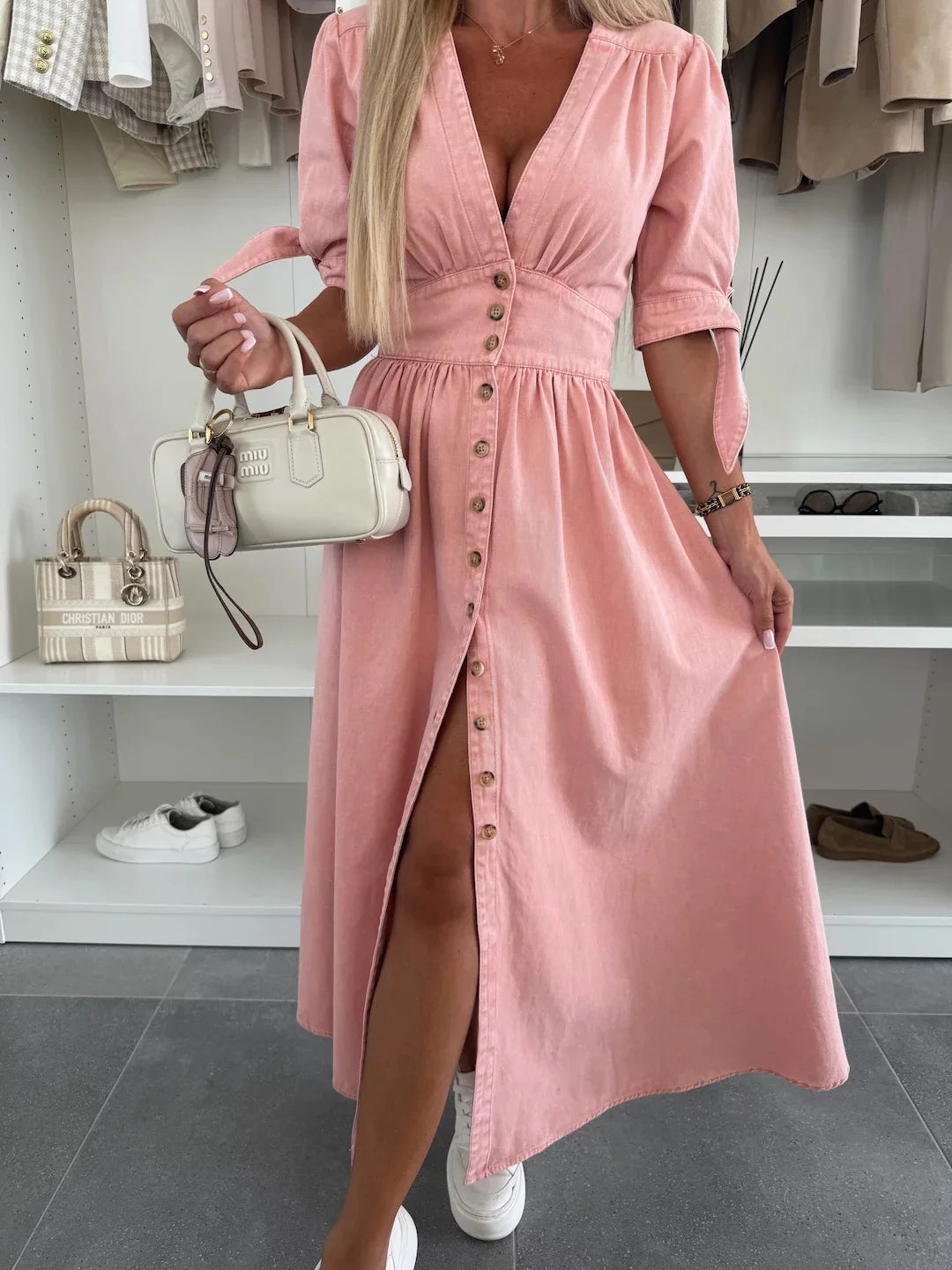 Sexy V-neck Long Single-Breasted Denim Dress
