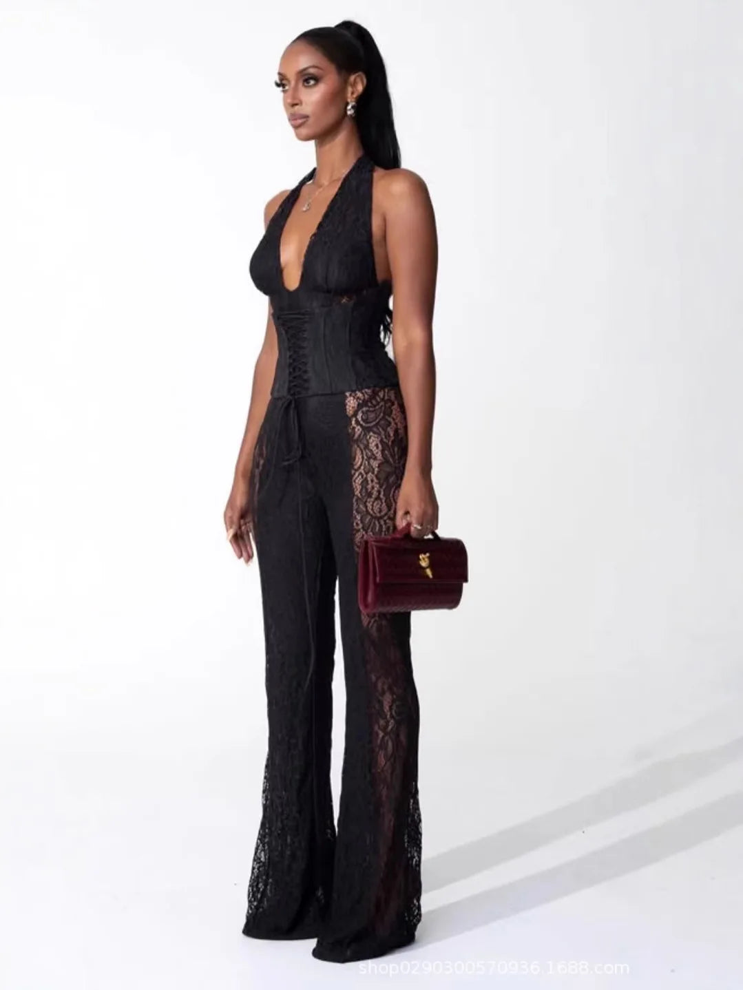 Sexy Lace Tops Two Piece Pant Set 2025 Women Summer Elegant Luxury Clothes Club Wear Halter Corsets 2 Piece Pant Sets Outfits