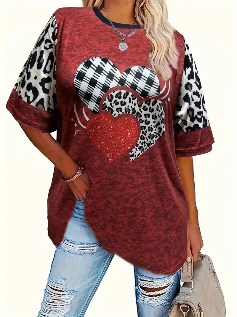 2024 Plus Size Plaid Heart Print T-Shirt Casual Short Sleeve Top For Spring & Summer Women's Plus Size Clothing