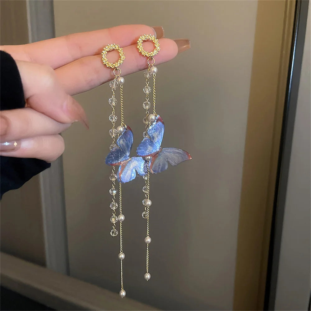 New Luxury Women Zircon Crystal Pearls Long Tassel Butterfly Earrings