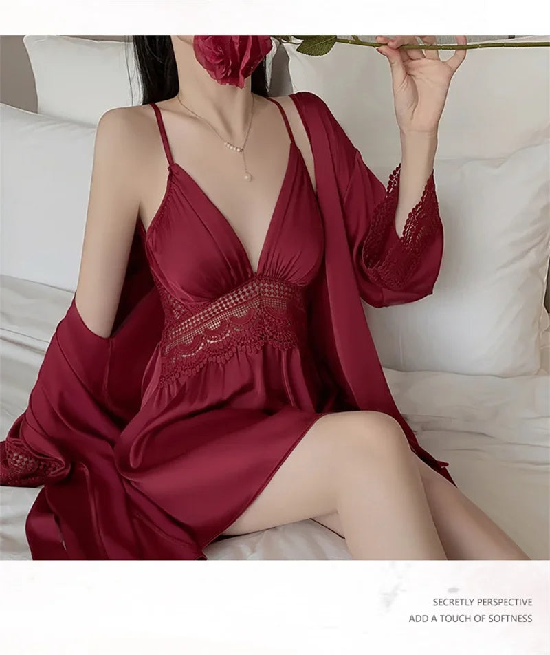 REBEYULI Brand 2025 Vintage Women Nightgown Sets Sexy Lingerie Set Spaghetti Strap Nigh Dress with Bra Cups Women's Nightwear