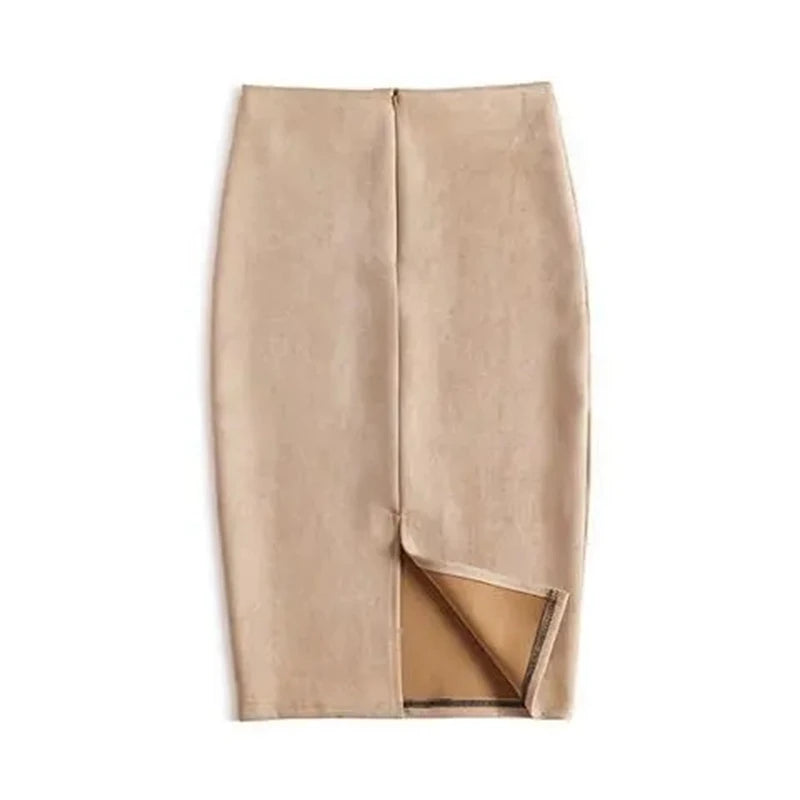 Winter Sexy Bodycon Suede Skirts 2025 Fashion Knee Length High Waist Office Skirt Korean Women Clothes Elegant Slim Pencil Skirt