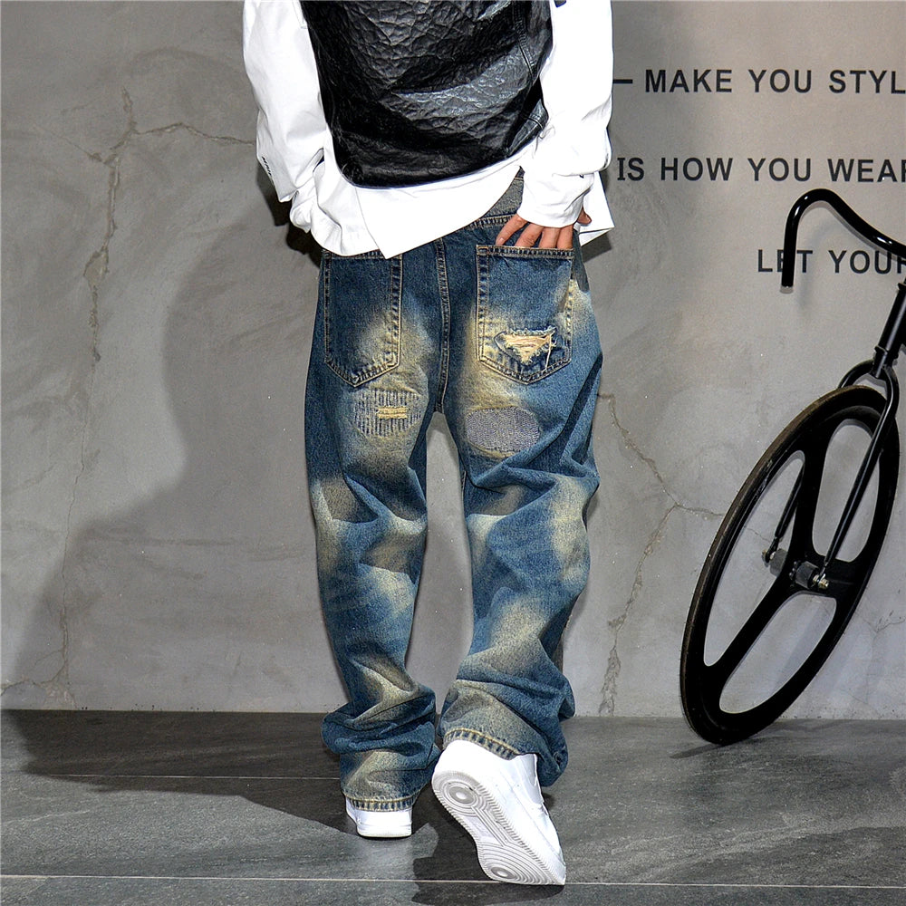 American Streetwear Ripped Patch Jeans Hip Hop Baggy Jeans Mens Clothing Vintage Denim Cargo Pants Japanese Harajuku Trousers