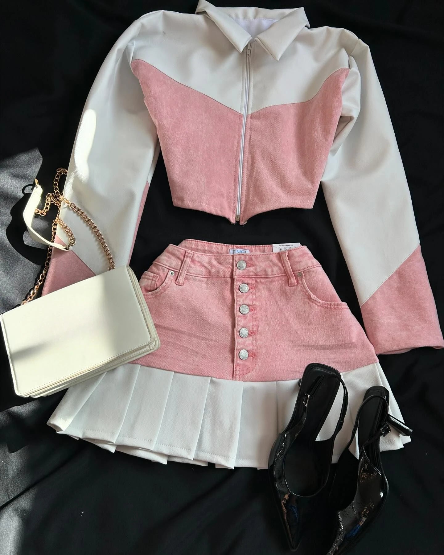 Harajuku New Y2k Two Piece Sets Womens Outifits Pink Leather Denim Splicing Zipper Jacket Skirt Sets Pleated Skirts Streetwear