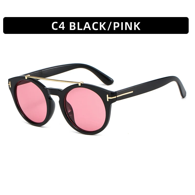 Trendy Retro Round Rivet Sunglasses Women 2025 Brand Double Bridge Shade Eyewear Colorful Lens Gray Yellow Frame Men Sun Glasses